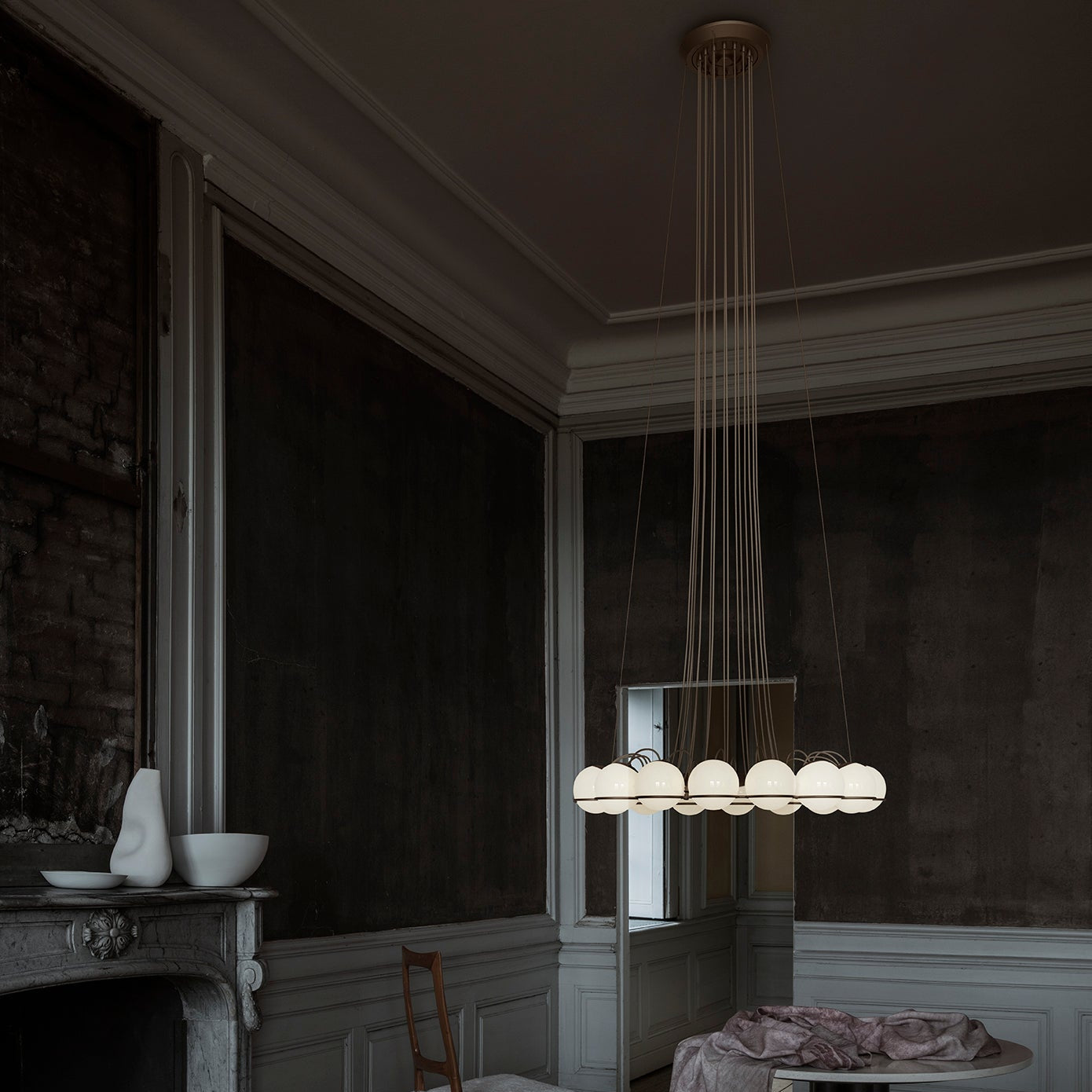 Astep Model 2109/12/14 Suspension Lamp with a lightweight structure and multiple opaline glass diffusers, offering sculptural elegance and soft illumination.