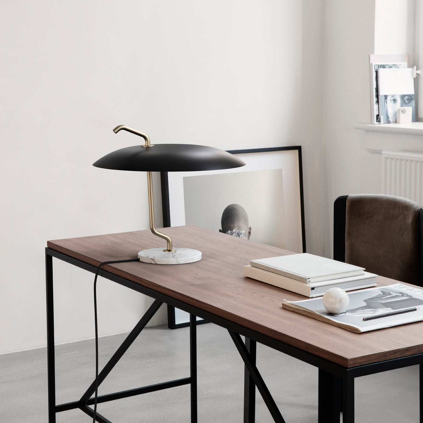 Model 537 Table Lamp by Astep – Mid-century table lamp with adjustable reflector, opal glass shade, and brass base by Vittoriano Viganò.