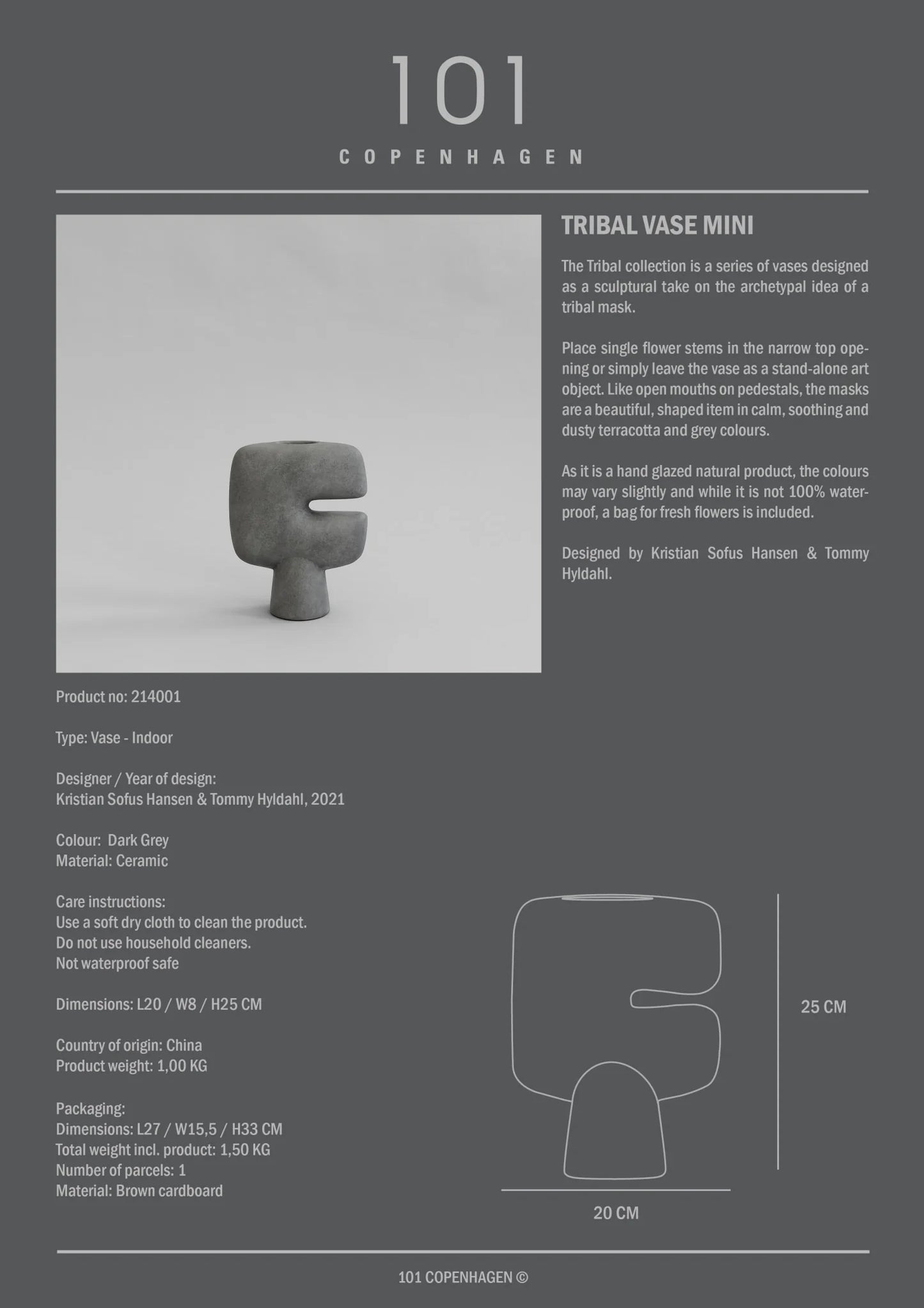 Tribal Vase, Mini - Dark Grey by 101 Copenhagen