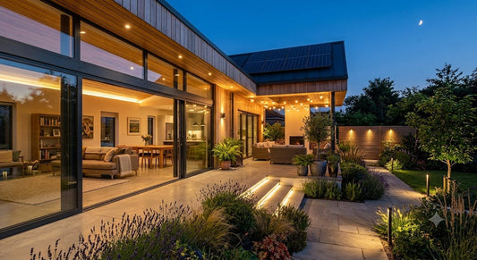 Modern home featuring solar-powered hybrid lighting illuminating an indoor-outdoor transition, terrace and garden with warm energy-efficient LED light.
