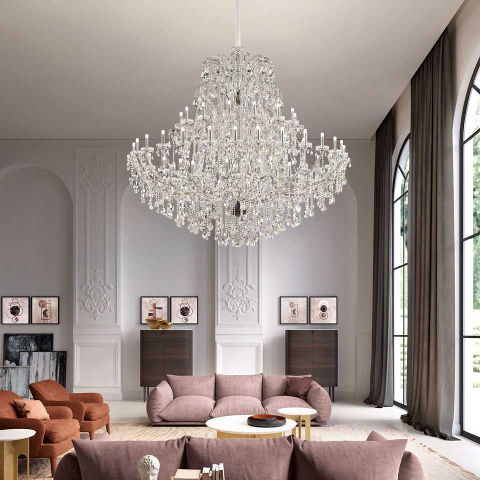 Elegant crystal chandelier gleaming in a beautifully lit living space, reflecting light and style.