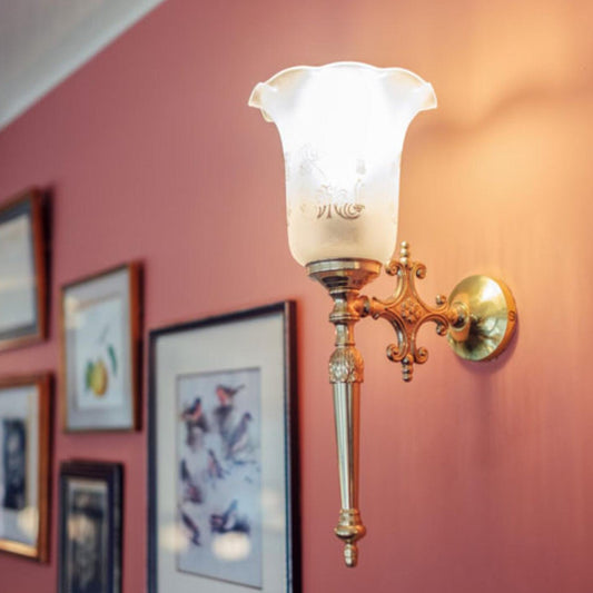 Allan Brass Wall Lamp by Mullan Lighting with a vintage-inspired brass finish, ideal for hallways, bedrooms, or living spaces