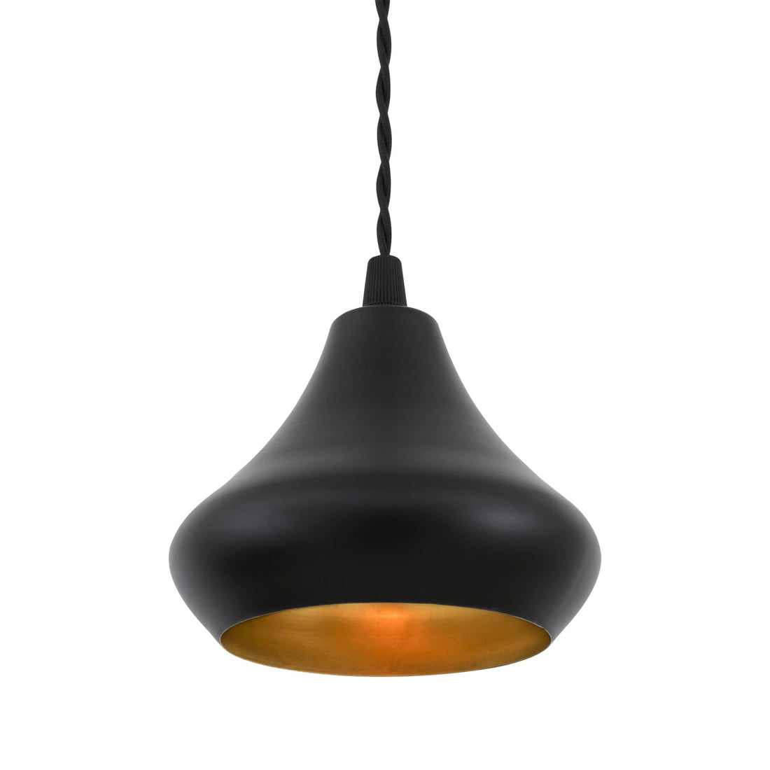 A small, brass pendant lamp with a vintage industrial design and a classic round shade, suspended by a braided cord, perfect for a kitchen counter.