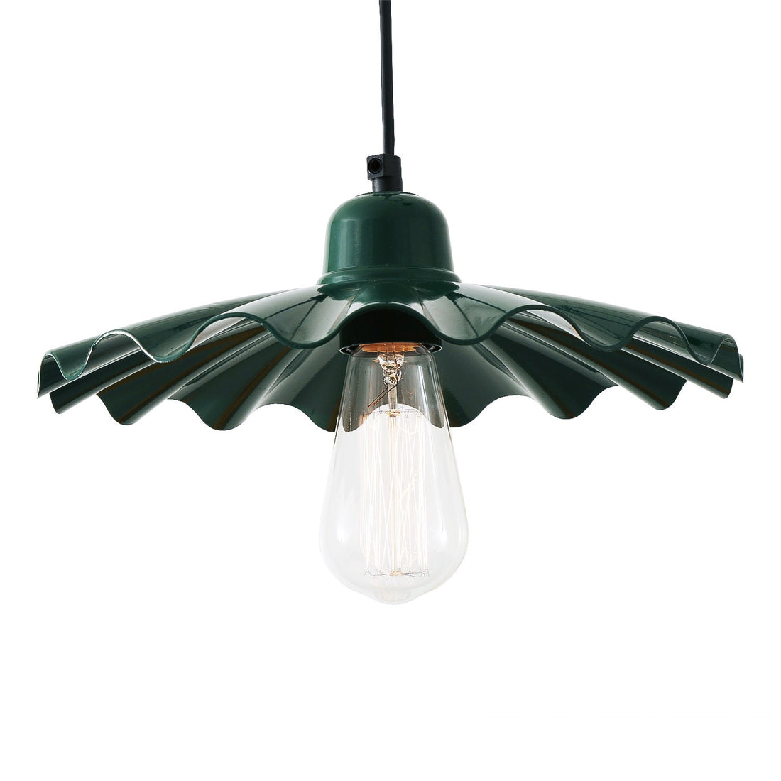 Red pendant light with a clear bulb on a white background