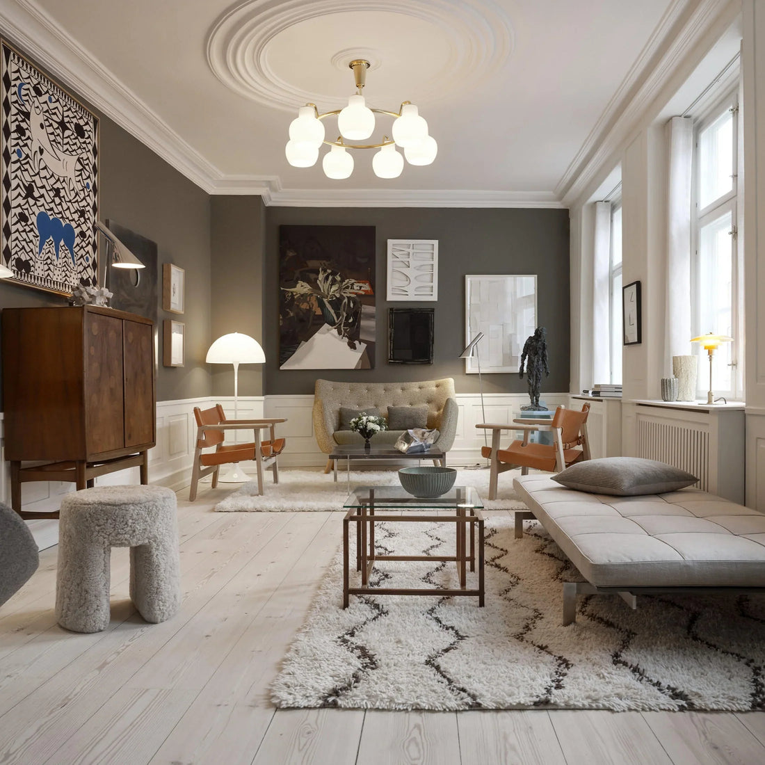 Brass Opal glossy Glass Pendant chandelier by Louis Poulsen