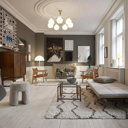 Contemporary luxury home with coordinated whole-home lighting scenes, featuring designer pendants, wall lamps and warm layered ambient illumination.