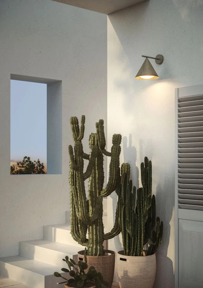Minimalistic Outdoor wall lights indoor, small exterior light wall, cone conical light fixtures, Contemporary lighting rustic outdoor finish, natural finish metal lighting for outdoor, Earthy light fixtures, cone shaped