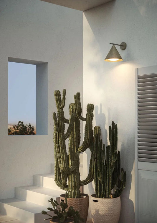 Minimalistic Outdoor wall lights indoor, small exterior light wall, cone conical light fixtures, Contemporary lighting rustic outdoor finish, natural finish metal lighting for outdoor, Earthy light fixtures, cone shaped