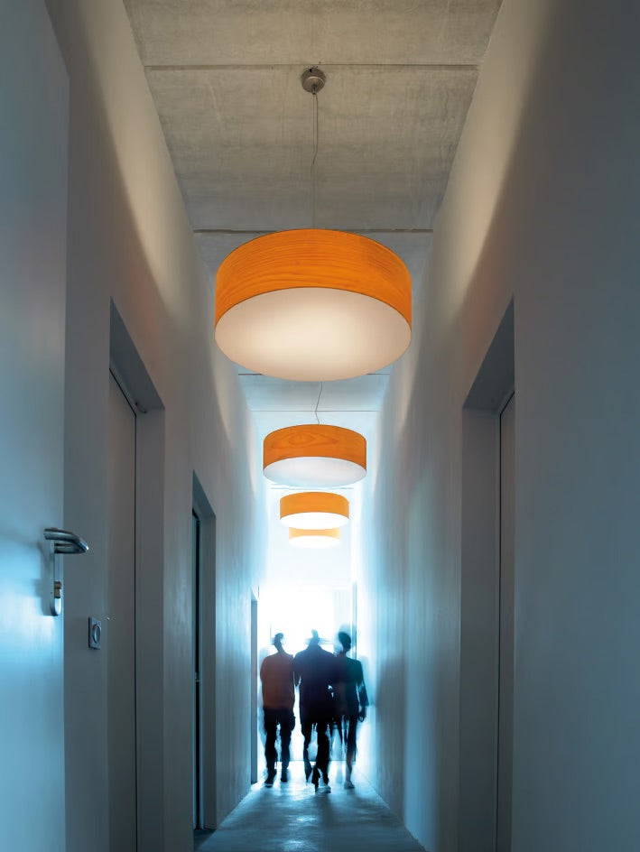 Narrow corridor transformed into an art gallery with wall lights highlighting artwork and creating an elegant ambiance.