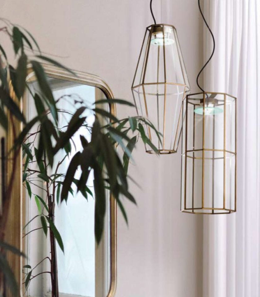 Pendant lights gold hanging besides plants