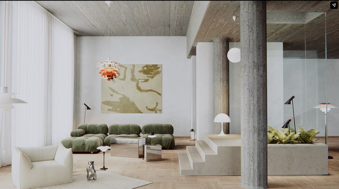 Living room with different types of lights- pendant, wall, floor showing proper planning amd integration of lighting design