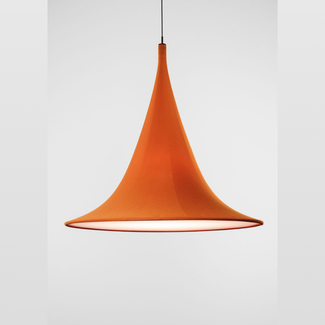 A Emotional Light Cabana Lamp in orange – elegant luxury lamp hanging over dining area