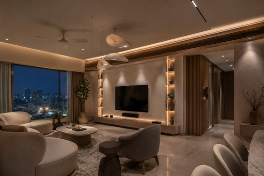 Futuristic Scandinavian luxury living room with invisible ambient lighting integrated into textured walls, hidden speakers, and minimalist smart home decor.