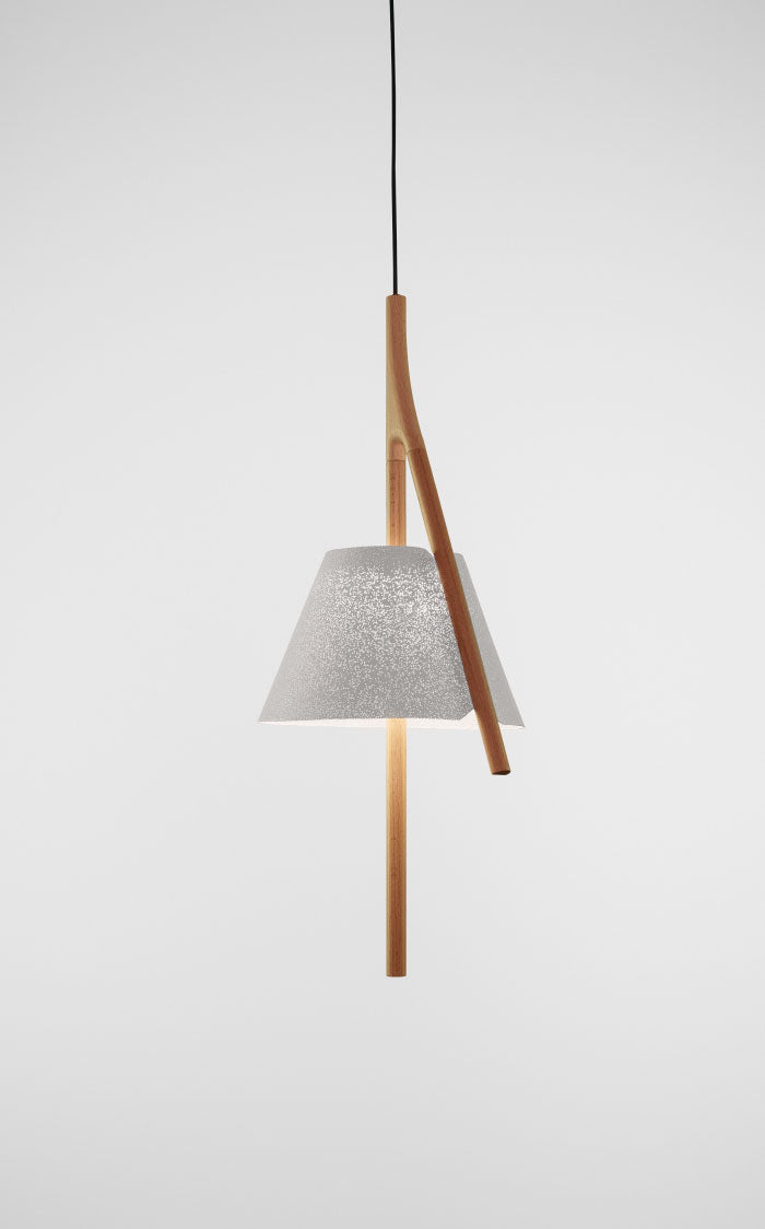 Cambo Pendant Lamp by A Emotional Light with beech wood structure and stainless steel mesh shade, hanging gracefully in a modern interior.