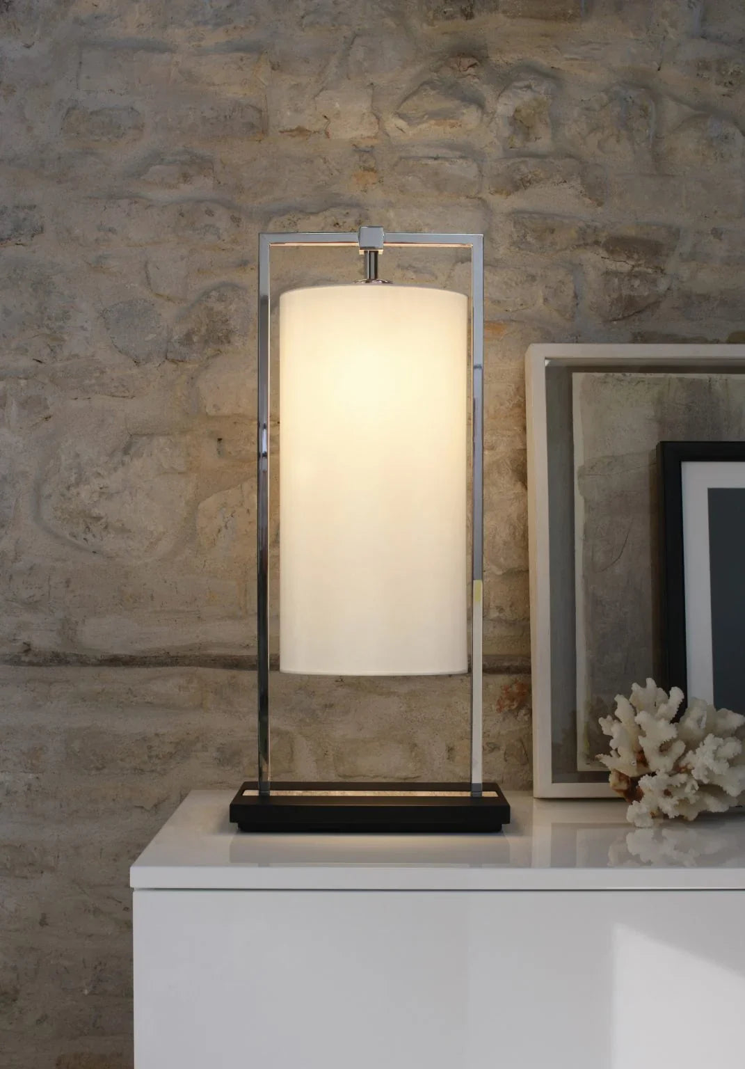 Contardi Athena Table Lamp featuring a dark brown stained oak base, polished nickel accents, and elegant oval fabric shade for luxurious modern interiors.
