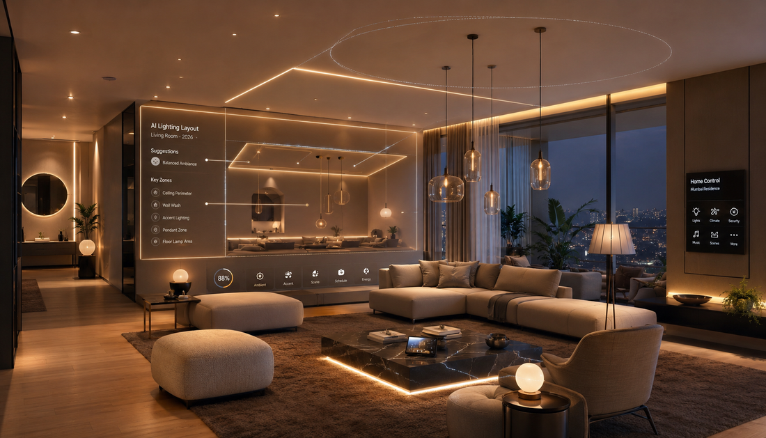 Futuristic Scandinavian smart home interior with AI-powered lighting layout visualization, featuring ambient pendant lights, layered illumination, minimalist furniture, and intelligent luxury automation.