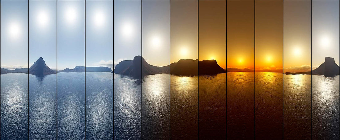 Panoramic sequence showing the transition of natural daylight from cool blue morning tones to warm golden sunset over the ocean and mountains, illustrating changing light temperatures throughout the day.