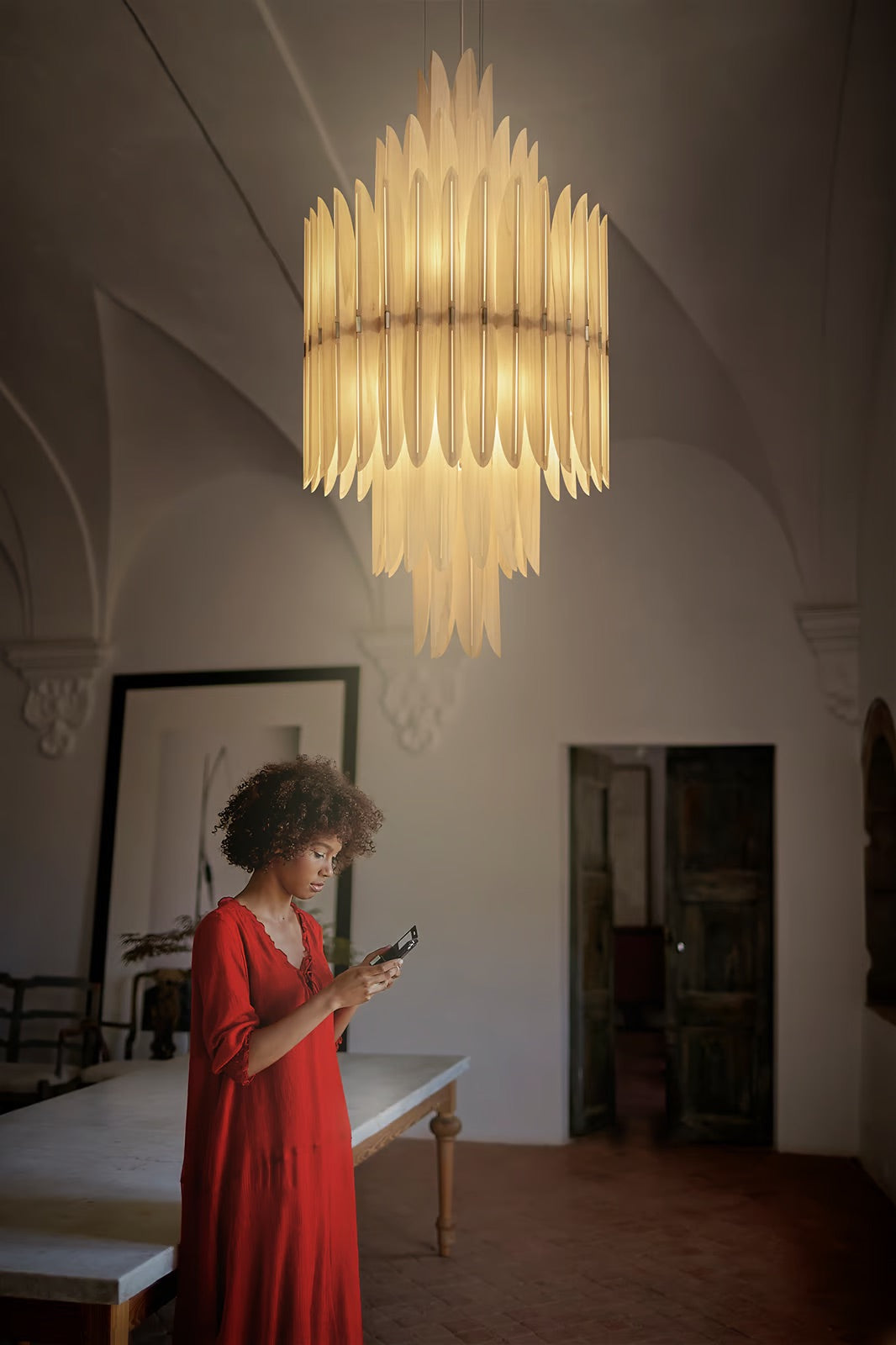 Classic White Chandelier. Natural white wood traditional suspension light