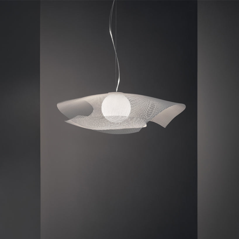 Mytilus Pendant Lamp by A Emotional Light in white stainless steel mesh, ocean-inspired pendant light floating above a modern interior.