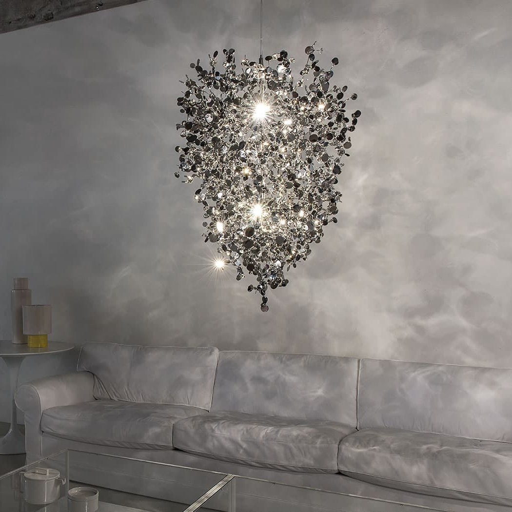 Argent Cloud Suspension by Terzani with hand-shaped metal discs, luxury Italian sculptural lighting in cloud form.
