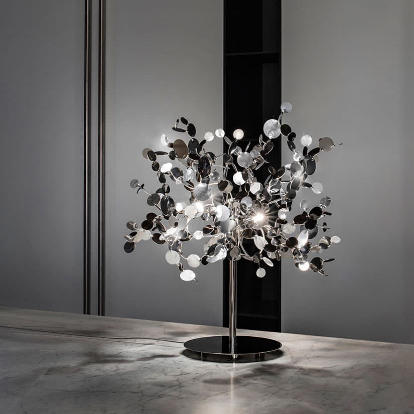 Argent Table Lamp by Terzani with hand-shaped metal discs, luxury Italian table lighting in a sculptural design.