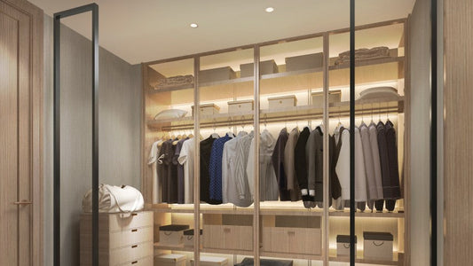 Decorative walk-in closet lighting with pendant lights, wardrobe LEDs and wall lamps creating a luxurious boutique-style dressing space.