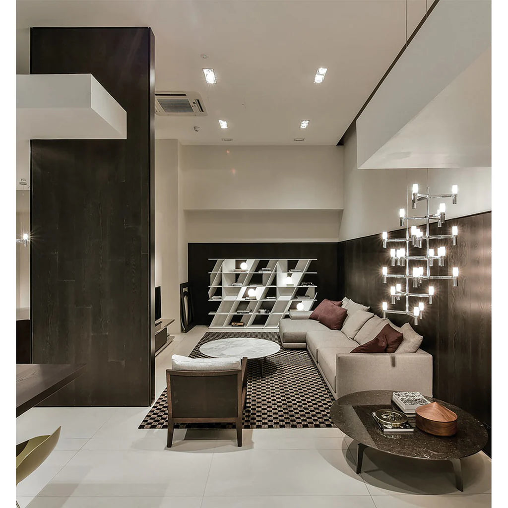 Chrome Vertical Linear pendant Italian, grand light, contemporary lighting, nemo lighting, luxury lighting