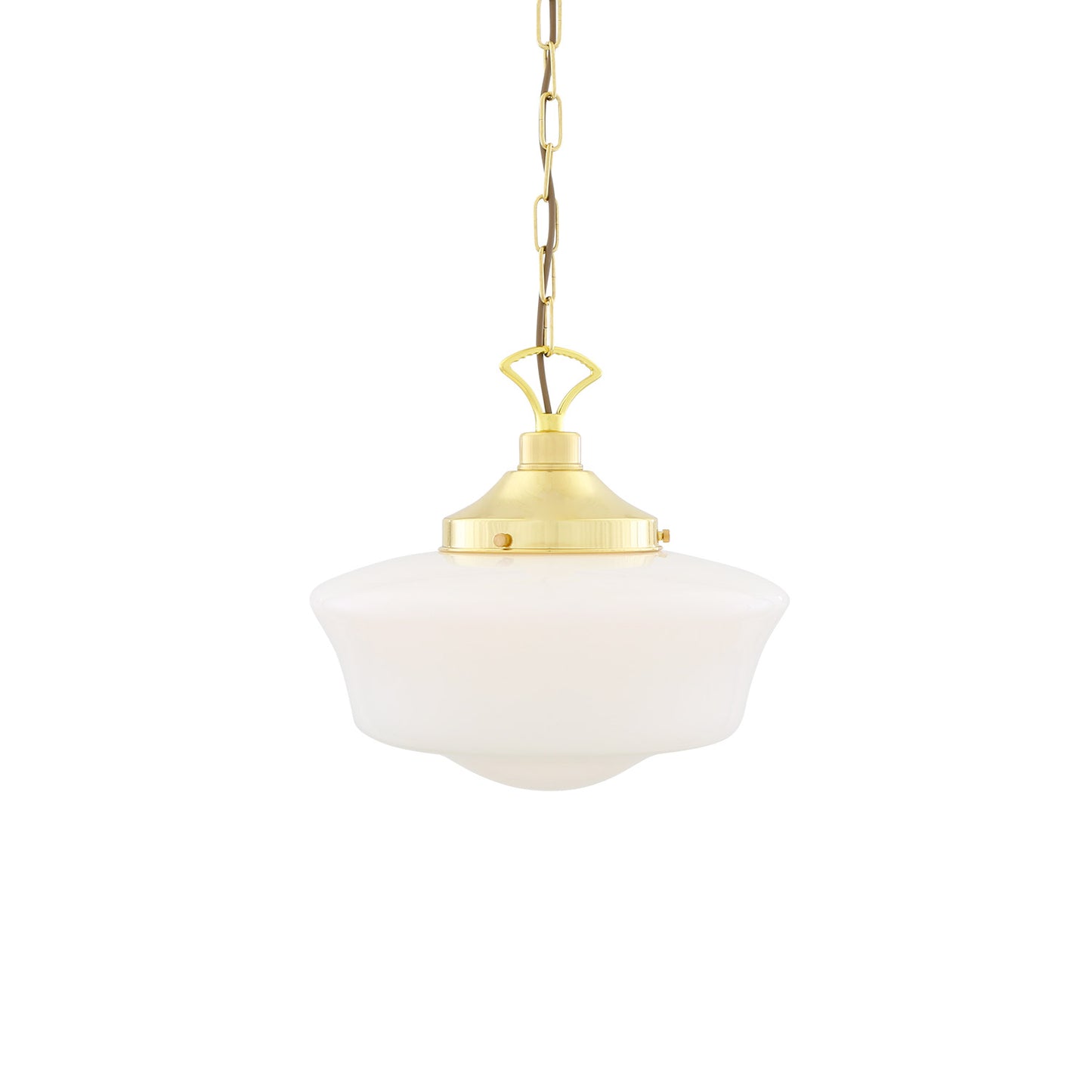 Pendant light with white glass shade and gold metal fixture on a white background