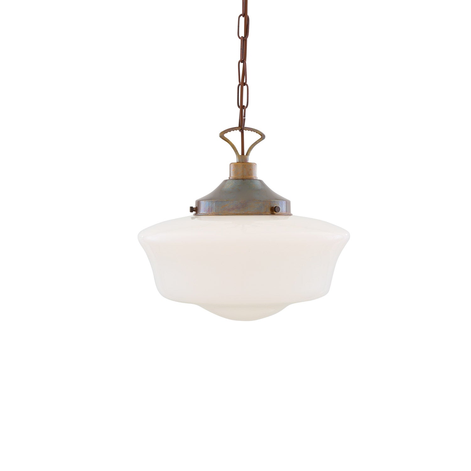 Pendant light with white glass shade and bronze fixture on a white background
