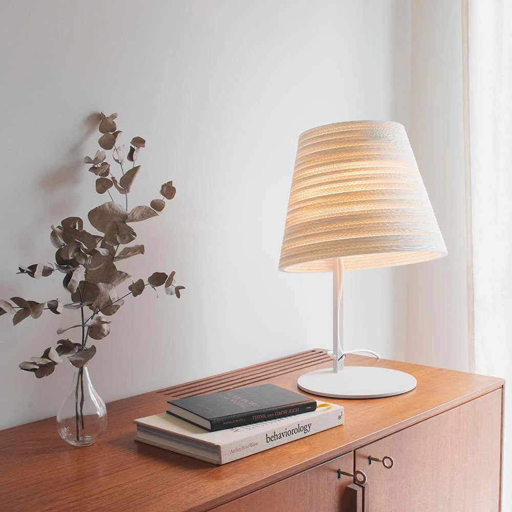  White sustainable table lamp with recycle cardboard 