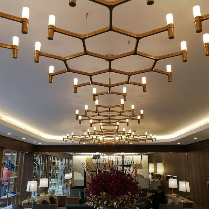 Gold Chandelier Commercial places by Nemo Italy, Scifi Ceiling lights in hexagon shape
