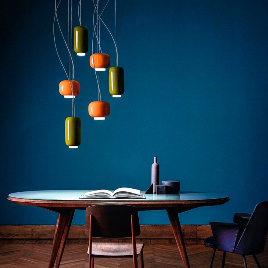 Colour hanging lamps, best contemporary lighting, modern lighting options, hang lamps for breakfast table, Home Decor lamps, Red, green, grey cluster cheerful lights, beautiful colours lighting for home dining