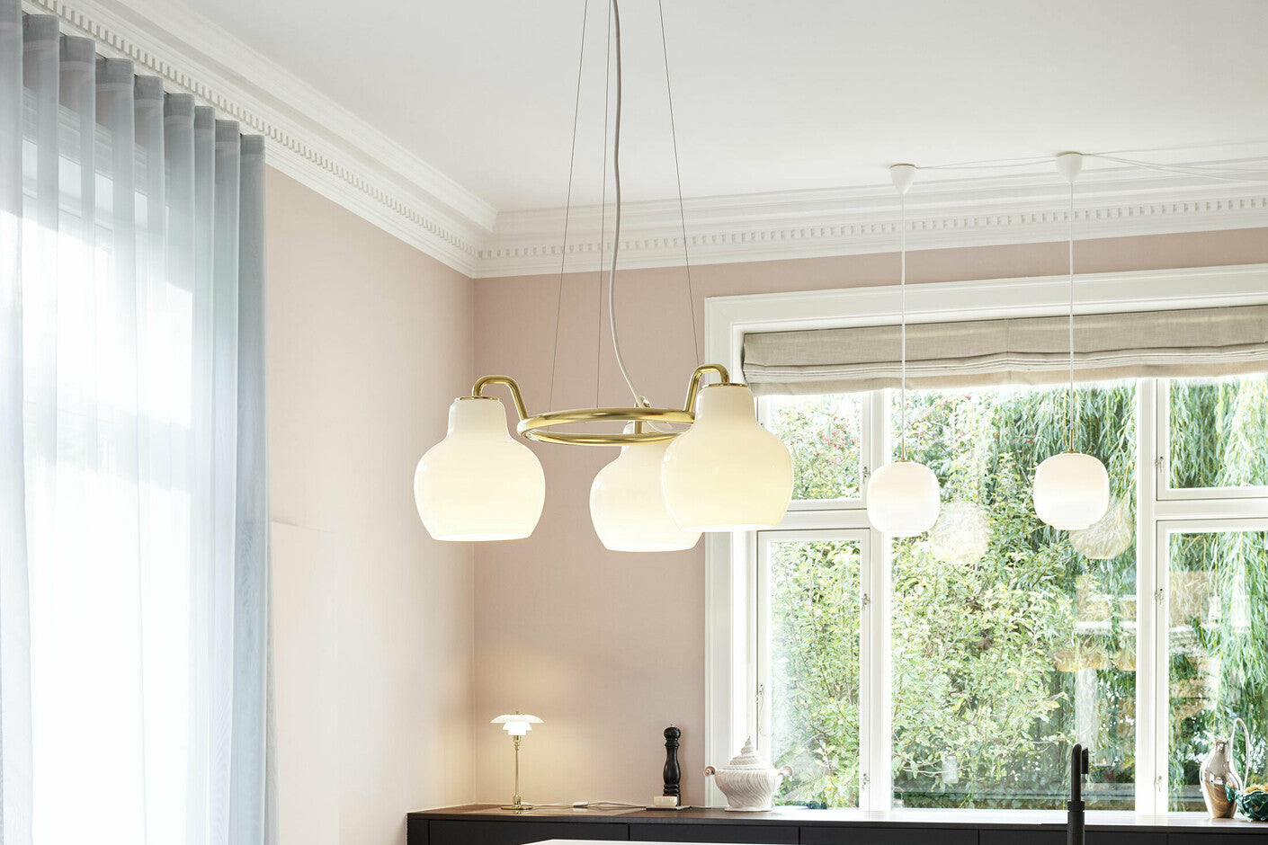 Brass Glossy Opal Glass Pendant by Louis Poulsen