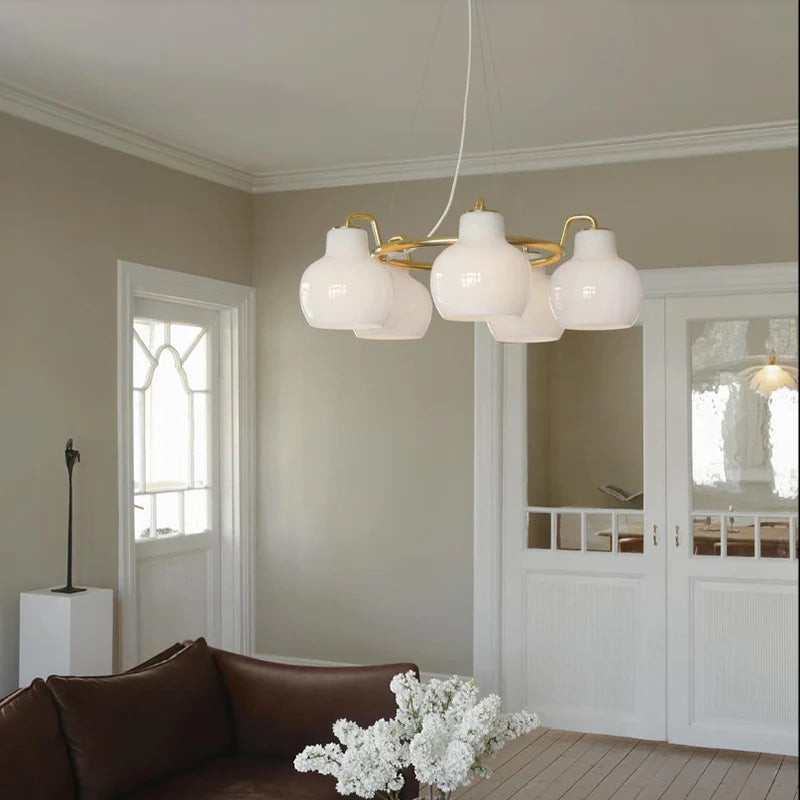 Brass Opal Glossy white glass shade Pendant by Louis Poulsen