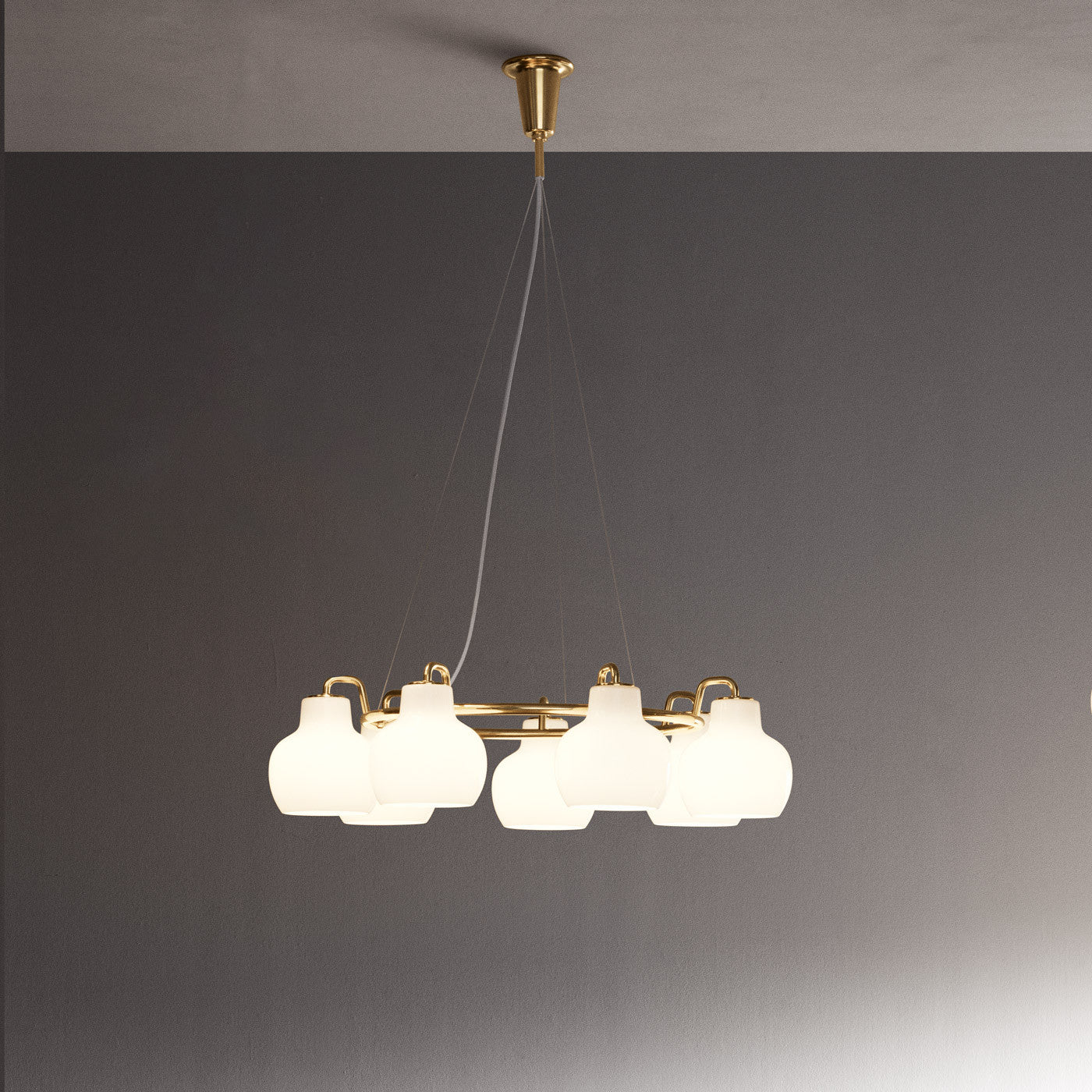 Brass Opal glossy Glass Pendant chandelier by Louis Poulsen