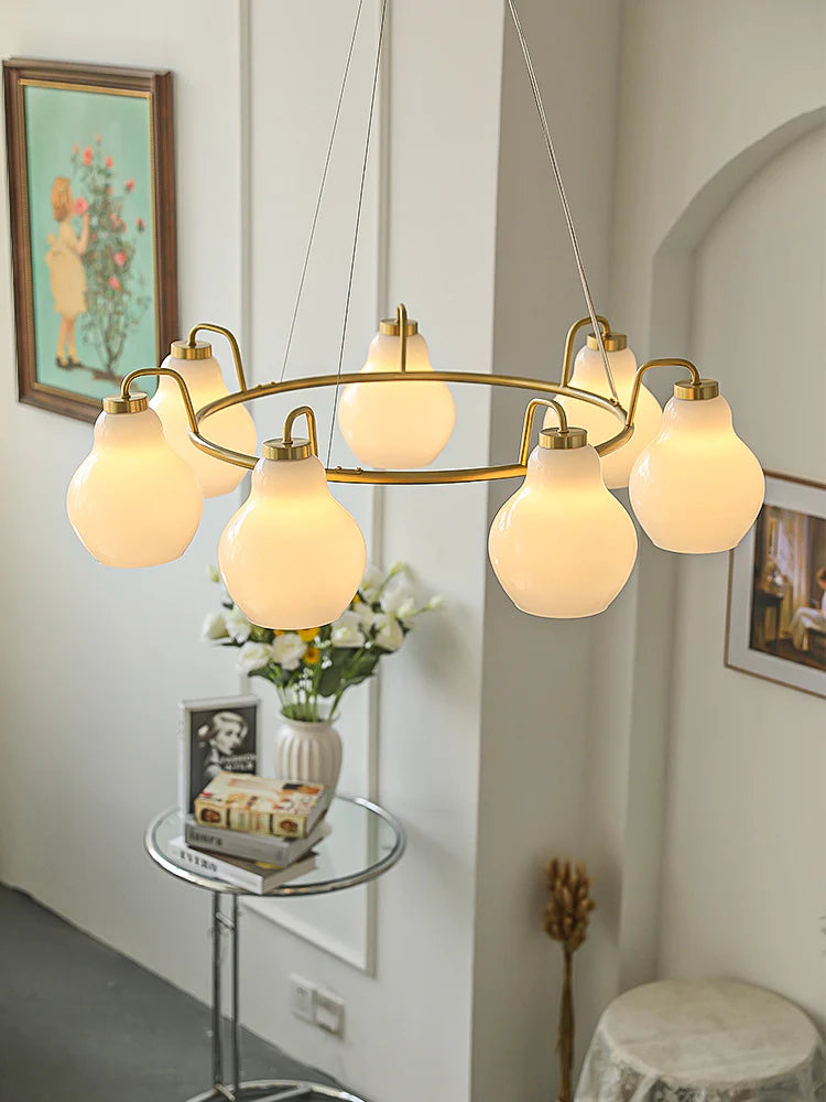 Brass Opal glossy Glass Pendant chandelier by Louis Poulsen