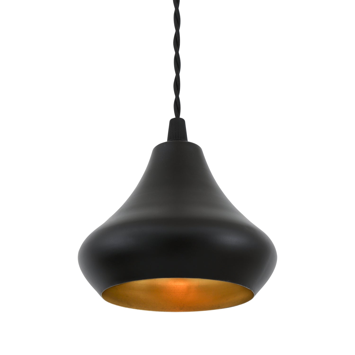 Black pendant light with gold interior on a white background