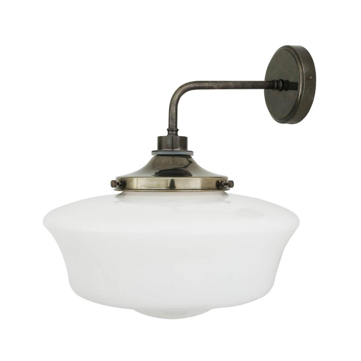 Anath Schoolhouse Wall Lamp by Mullan Lighting, IP44 rated, featuring a vintage opal glass globe and brass wall bracket, suitable for bathrooms and interiors