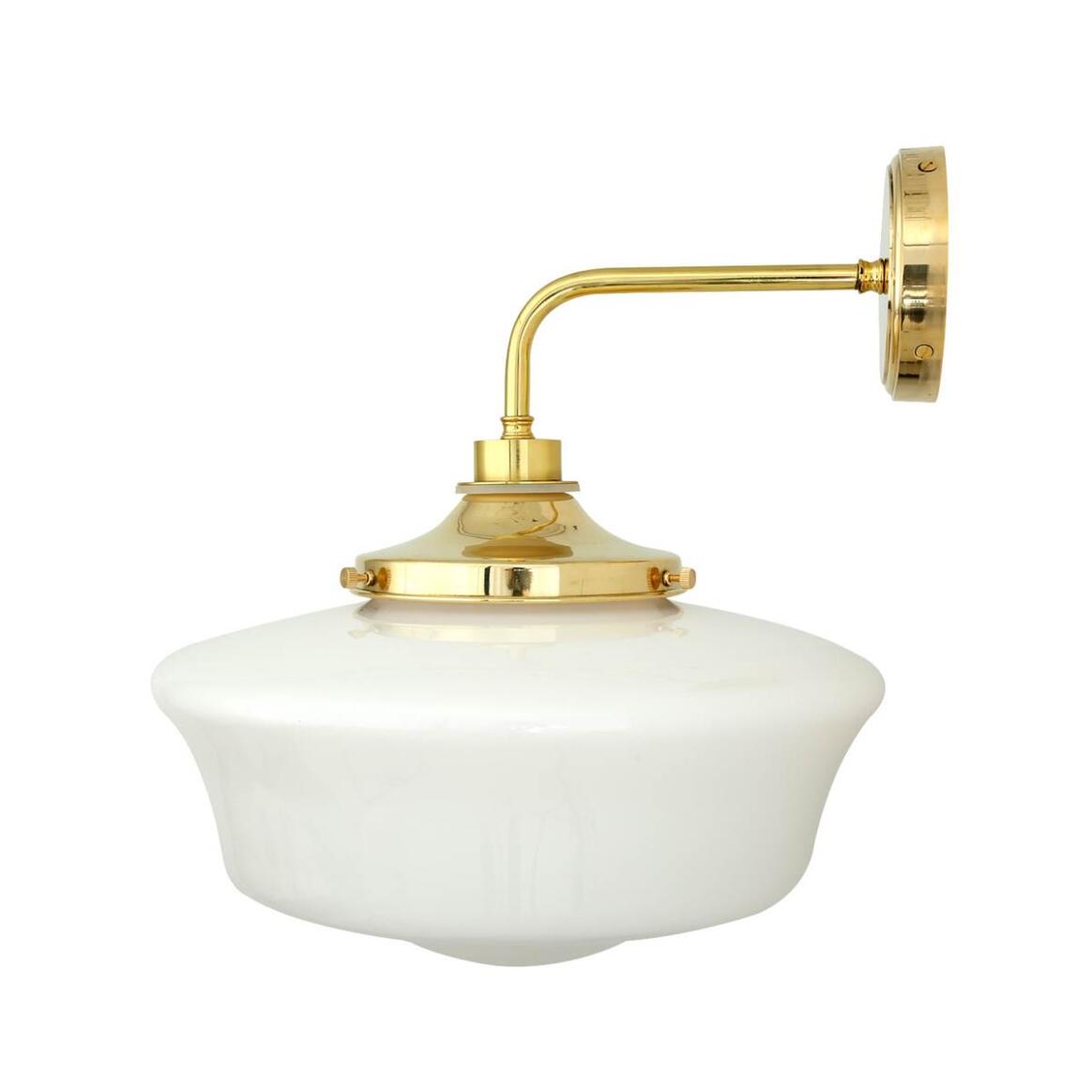 Anath Schoolhouse Wall Lamp by Mullan Lighting, IP44 rated, featuring a vintage opal glass globe and brass wall bracket, suitable for bathrooms and interiors