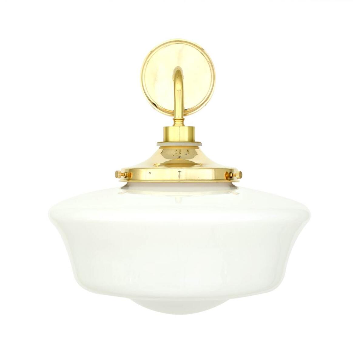 Anath Schoolhouse Wall Lamp by Mullan Lighting, IP44 rated, featuring a vintage opal glass globe and brass wall bracket, suitable for bathrooms and interiors