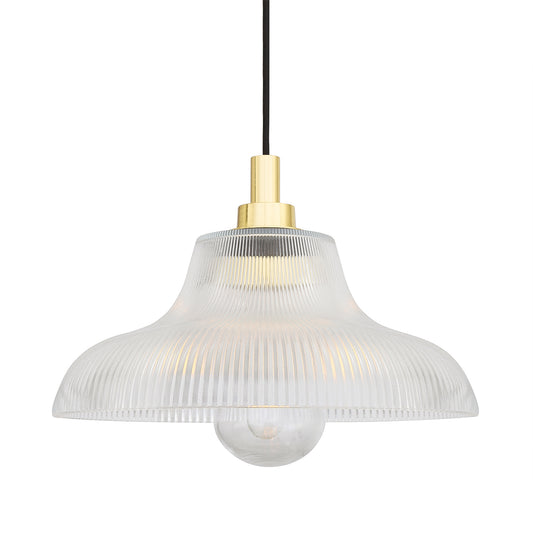 Pendant light with clear glass shade and gold fixture on a white background