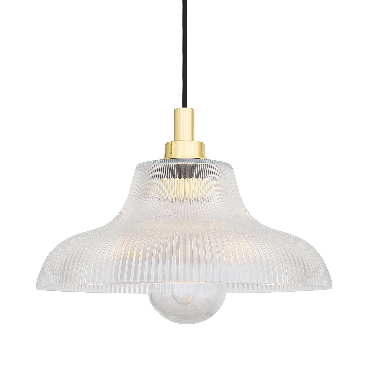 Pendant light with clear glass shade and gold fixture on a white background