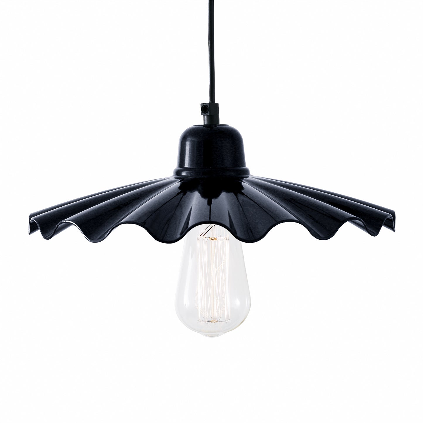 Black pendant light with a white bulb on a white background