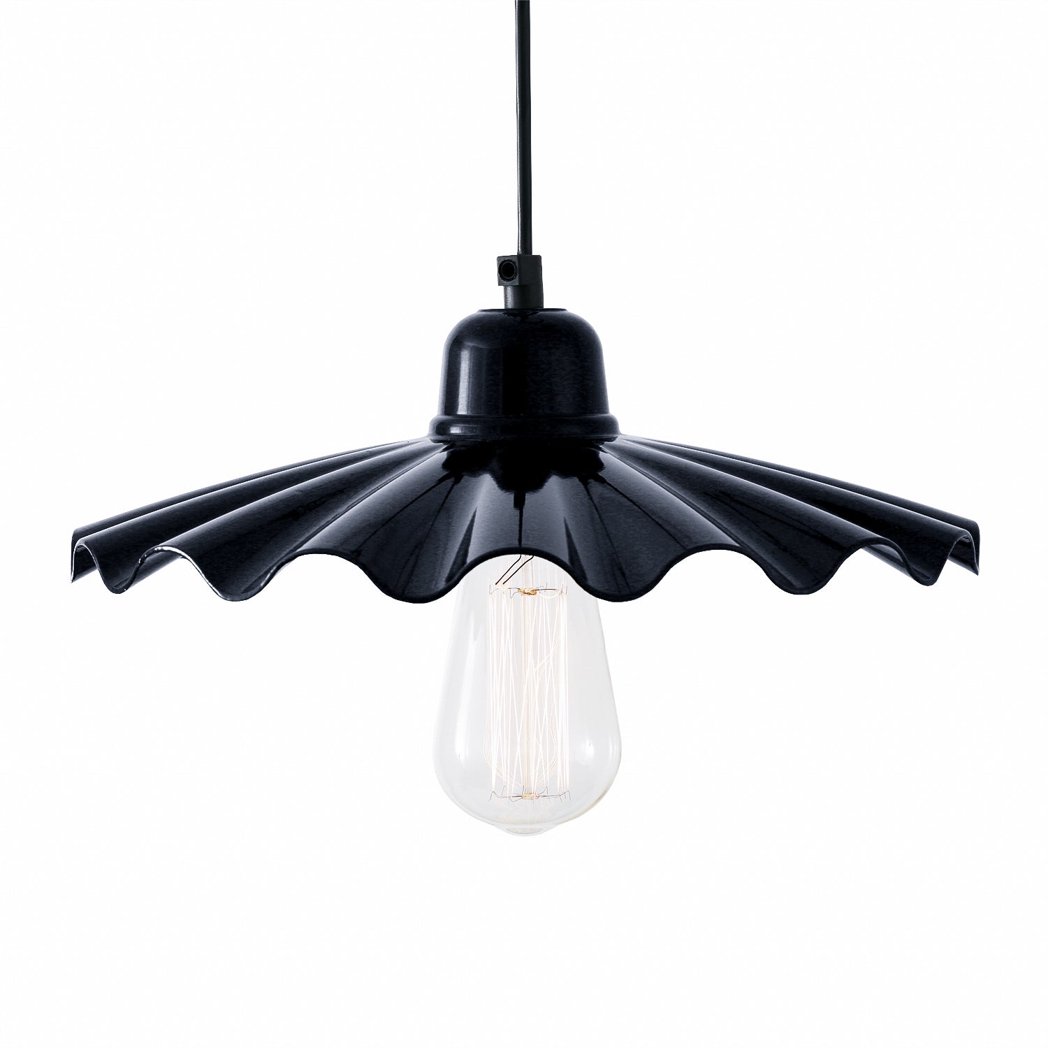 Black pendant light with a white bulb on a white background