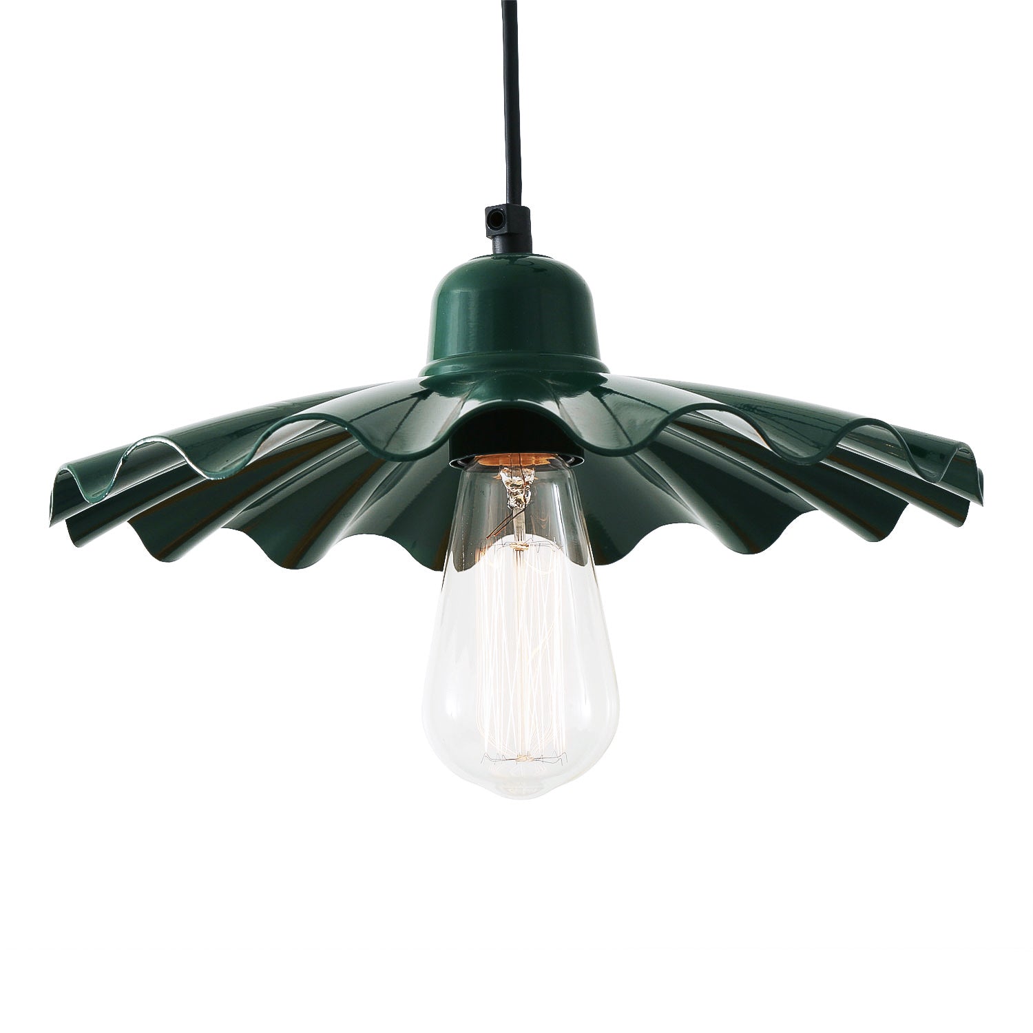 Green pendant light with a visible bulb on a white background