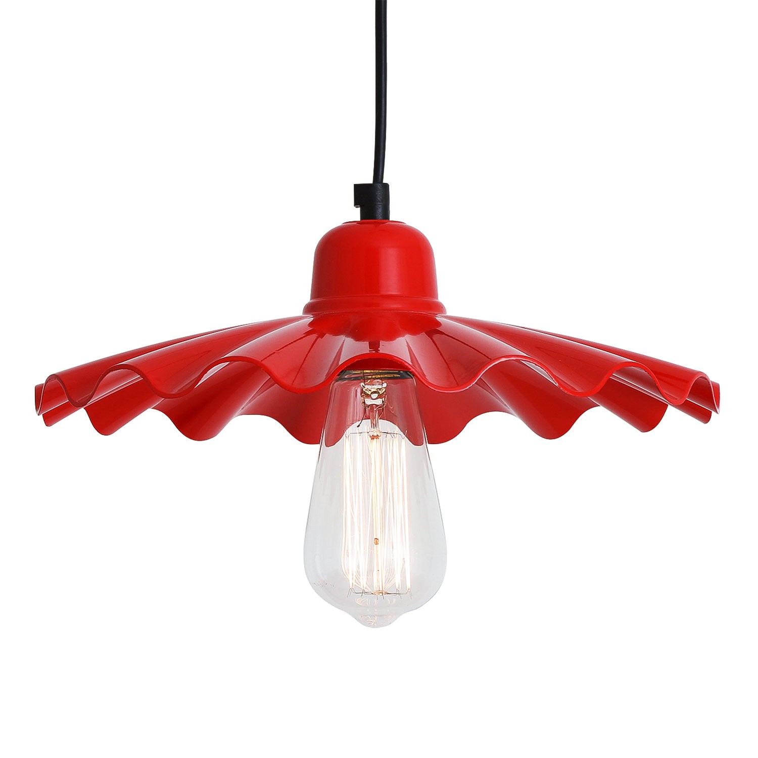 Red pendant light with a clear bulb on a white background