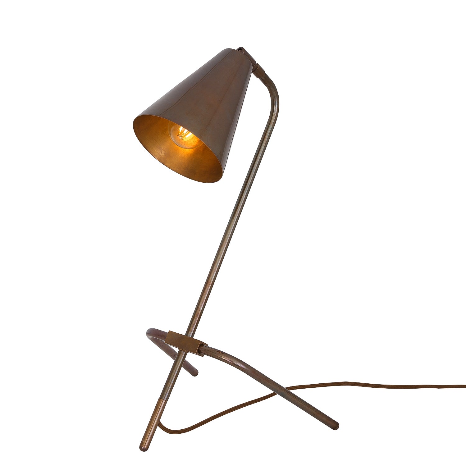Astana Industrial Adjustable Brass Table Lamp by Mullan Lighting – vintage-style, flexible desk lamp in brass finish, available at Angel Ventures, Mumbai.