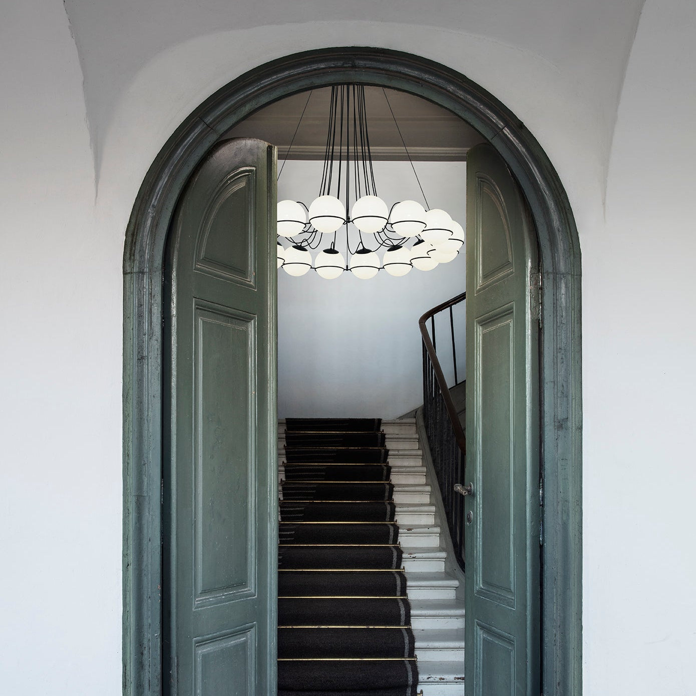 Astep Model 2109/12/14 Suspension Lamp with a lightweight structure and multiple opaline glass diffusers, offering sculptural elegance and soft illumination.