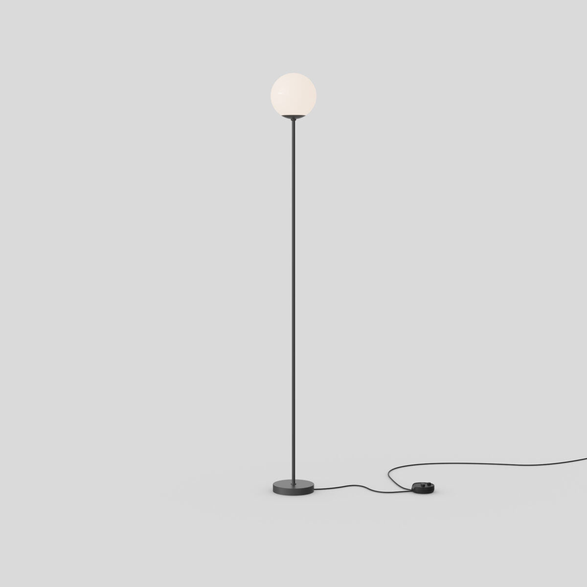 Astep Model 1081 Floor Lamp featuring a spherical opaline glass diffuser on a slim metal stand, delivering soft ambient light with mid-century elegance.
