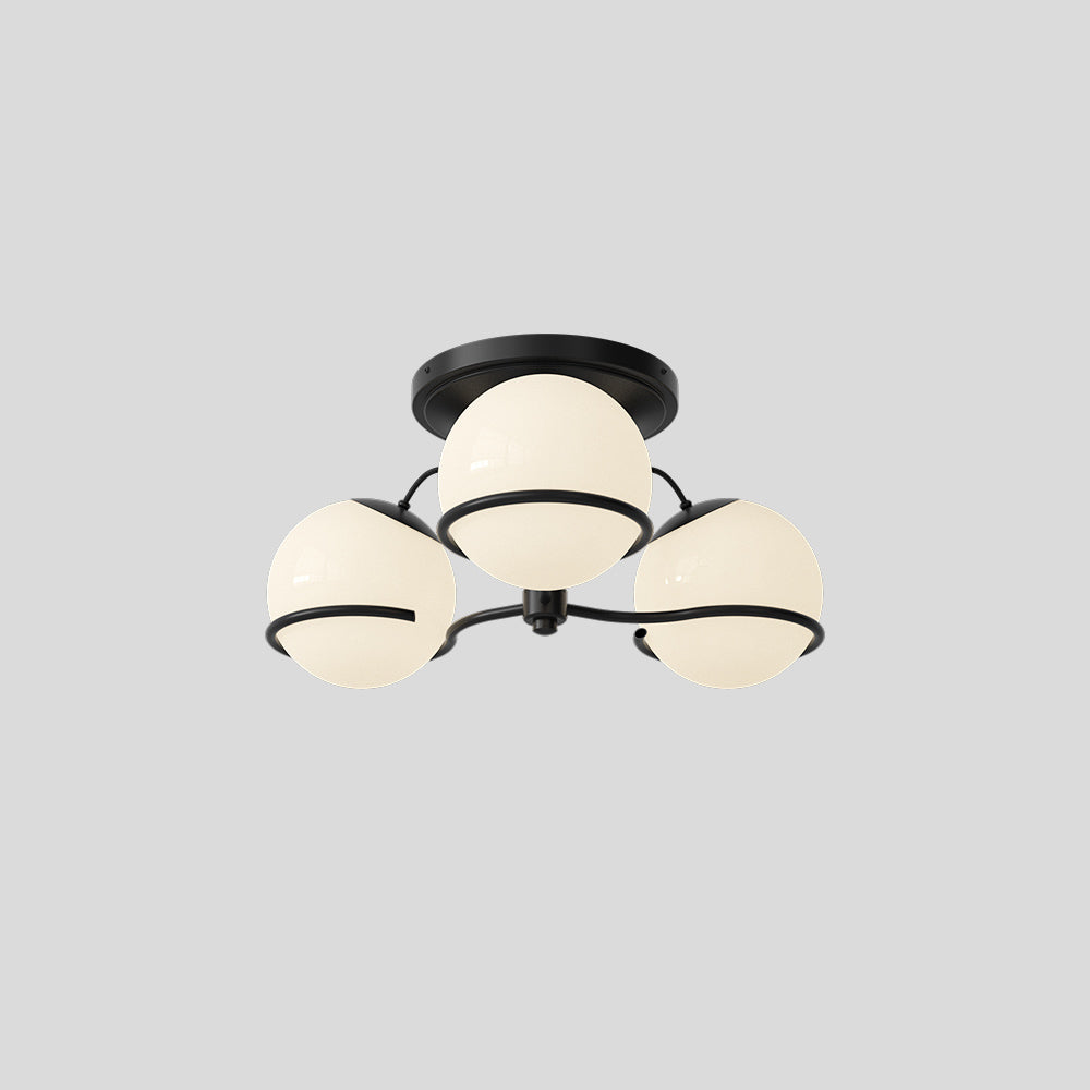 Astep Model 2042/3 Ceiling Lamp with three opaline glass globes mounted on an elegant brass frame, creating soft ambient light and mid-century charm.